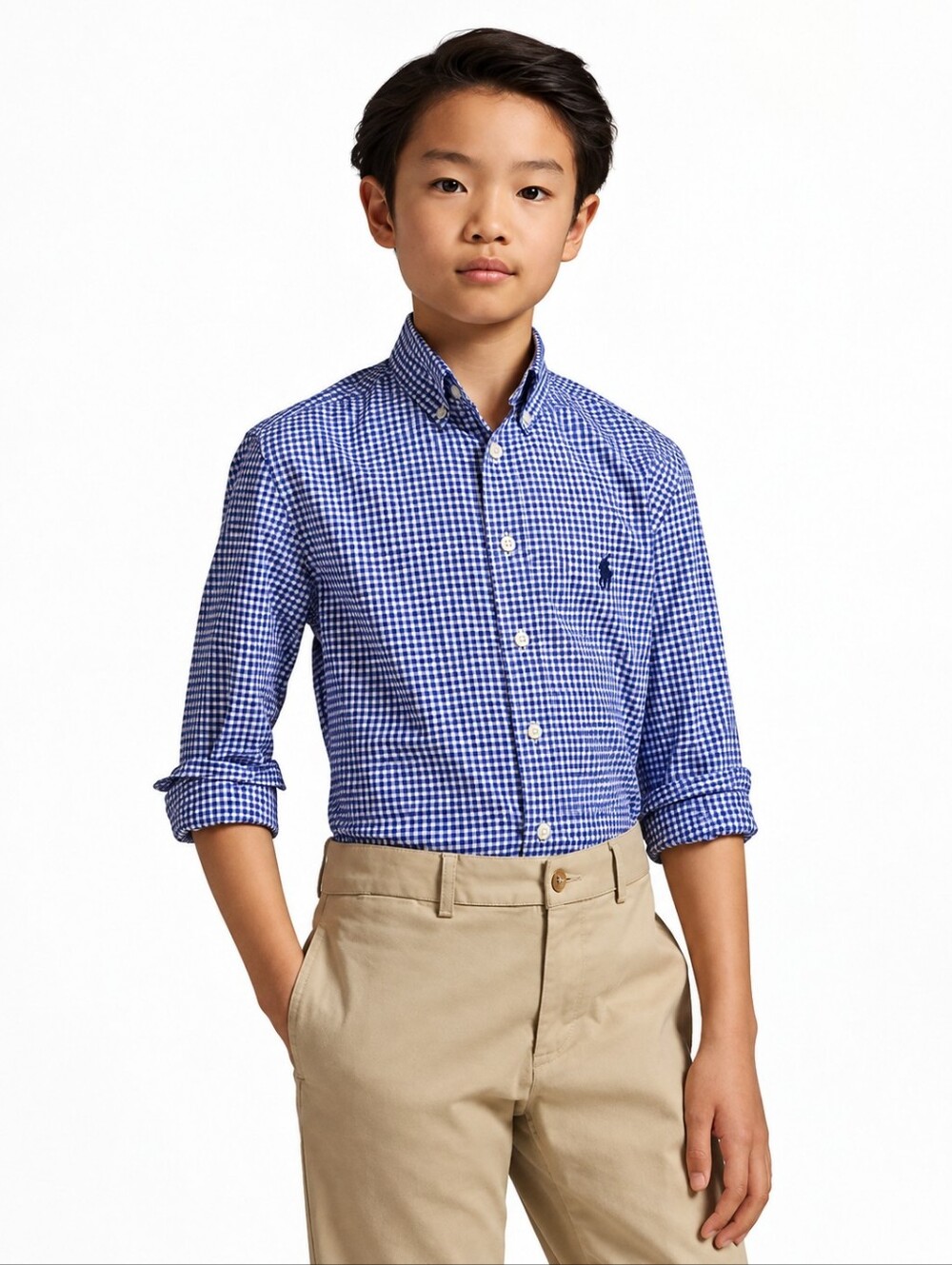 Polo Ralph Lauren Boys Blue Gingham Cotton Button-Down Shirt Size M 10-12